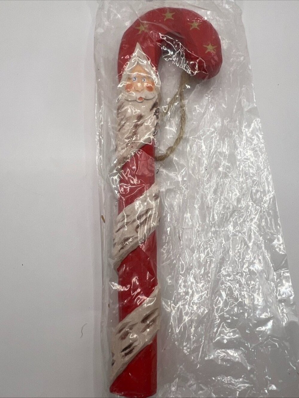 New Vtg Candy Cane Santa Face Ornament Wood Carved 7” Long In Pkg
